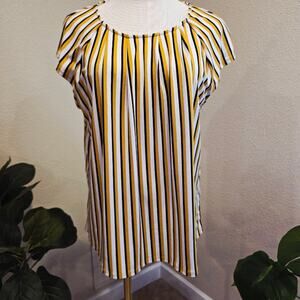 Adrianna Papell Blouse L Yellow Black White Stripe Short Sleeve Keyhole Back